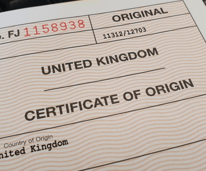 certificate of origin with cert number FJ1158938