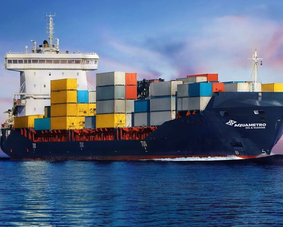 Blue container ship at sea carrying freight forwarding cargo