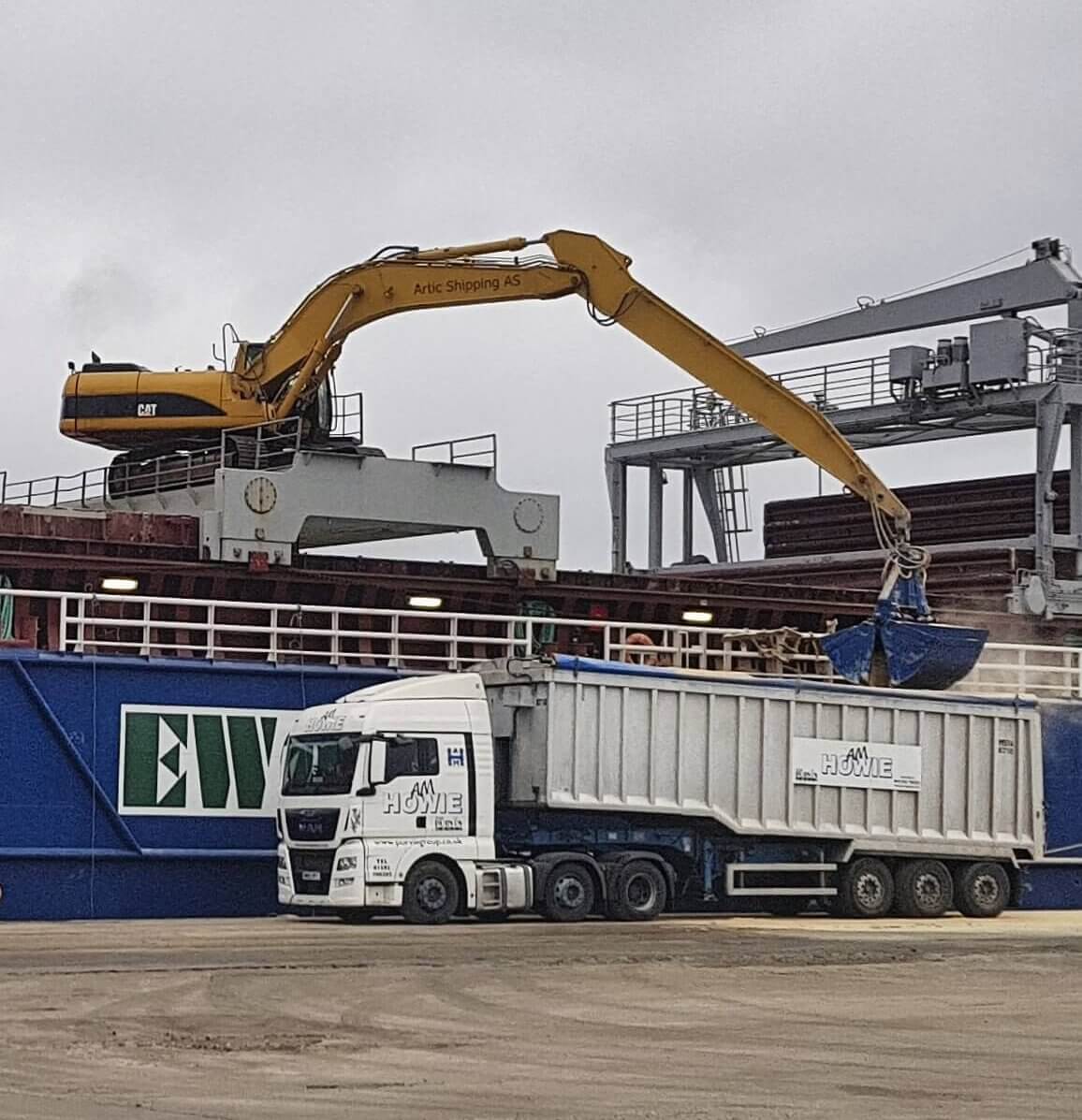 EWOS ship discharging fish meal bulk into a truck