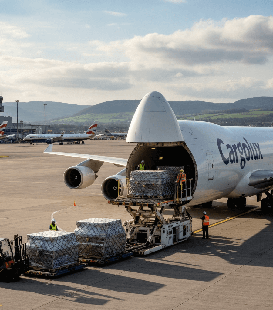 Edinburgh air plane loading cargo after clearance