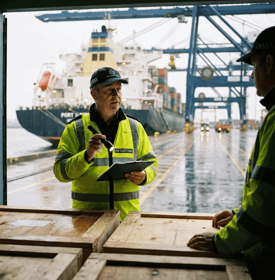 UK Customs Agent Inspecting Goods at Felixstowe