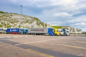 DOVER, UK Lorry trucks waiting in the queue to board ferry at the port